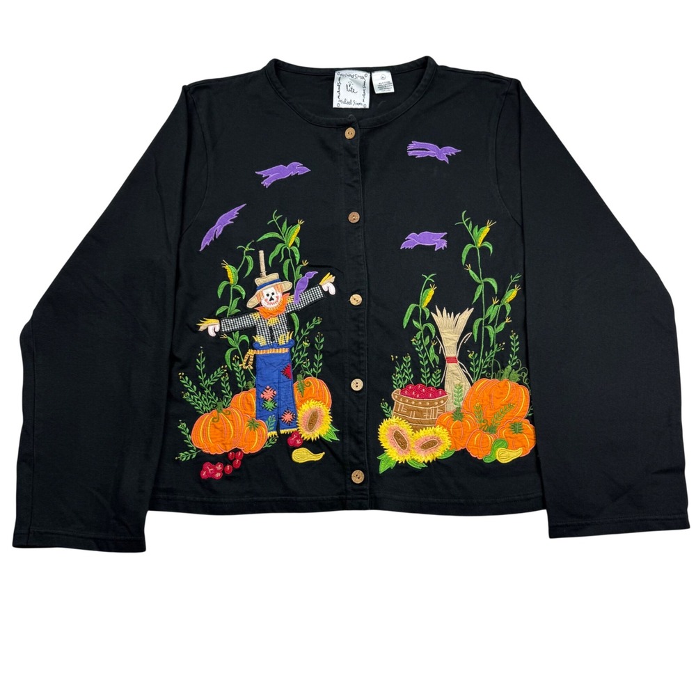 VTG Michael Simon Lite Black Harvest Scarecrow Pumpkin Embroidered Cardigan XL